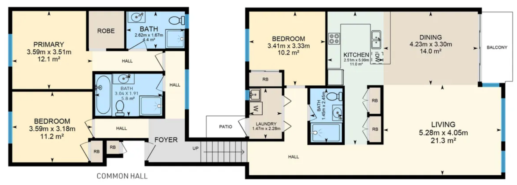 Floor plan of Jasper 3: entry level with two bedrooms and two bathrooms, stairs up to the living level with kitchen, dining, living, balcony, laundry, bunk room and third bathroom